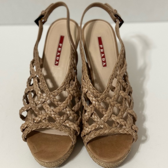 Prada Red Label Taupe/Tan Braided Leather Wedge Sandals EUC - Picture 3 of 13
